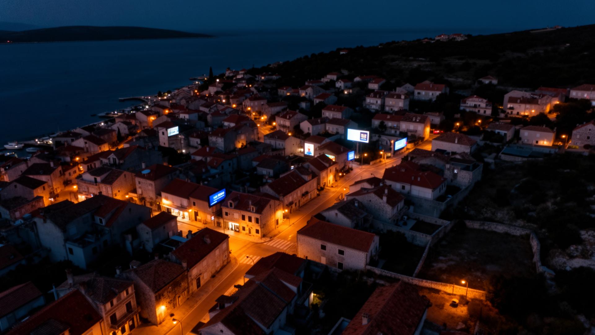 Noćni snimak hrvatskog grada s osvijetljenim ekranima